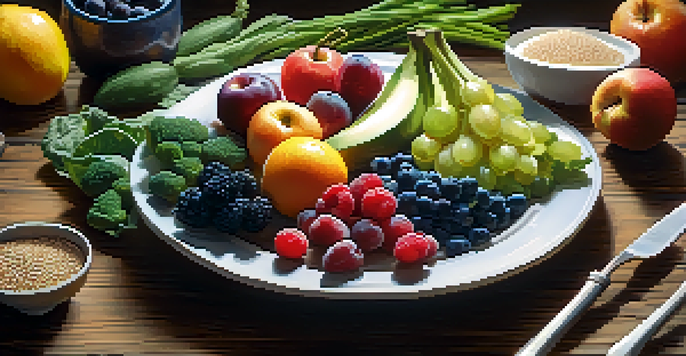 A colorful plate of whole foods including fruits, vegetables, grains, and proteins illuminated by sunlight on a wooden table.