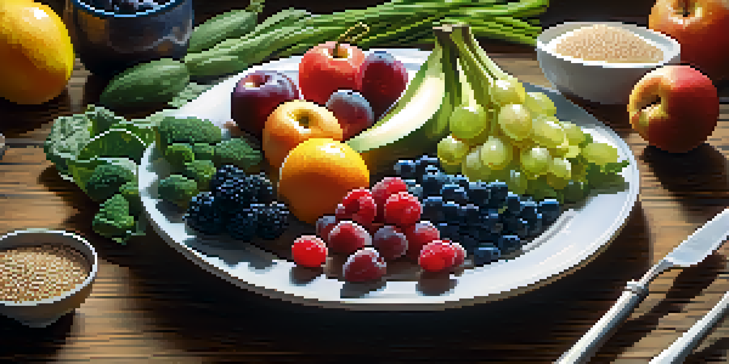 A colorful plate of whole foods including fruits, vegetables, grains, and proteins illuminated by sunlight on a wooden table.