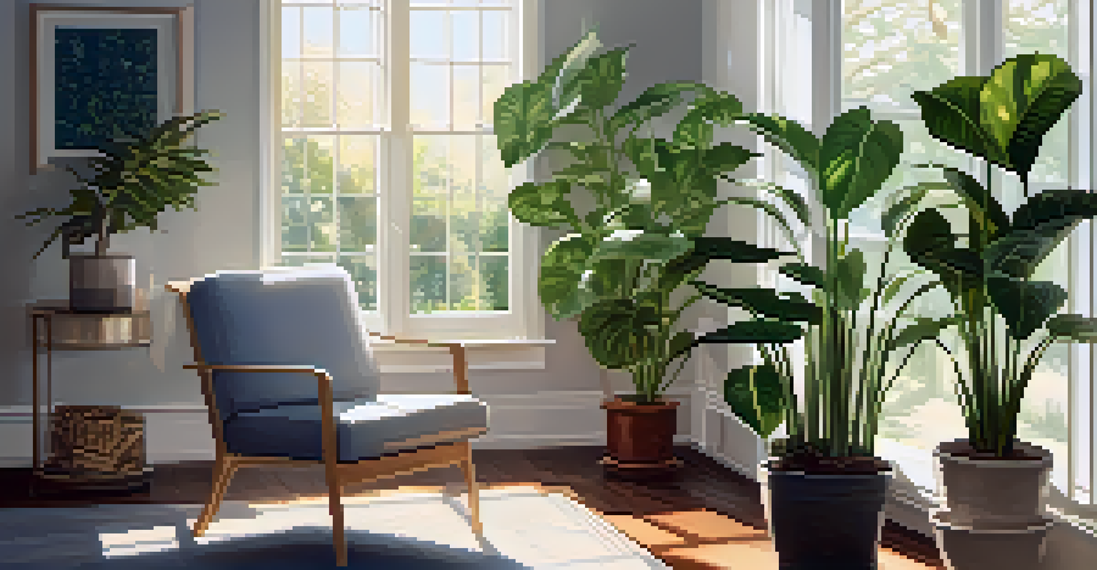 A peaceful indoor setting with houseplants by a window, illuminated by soft sunlight.