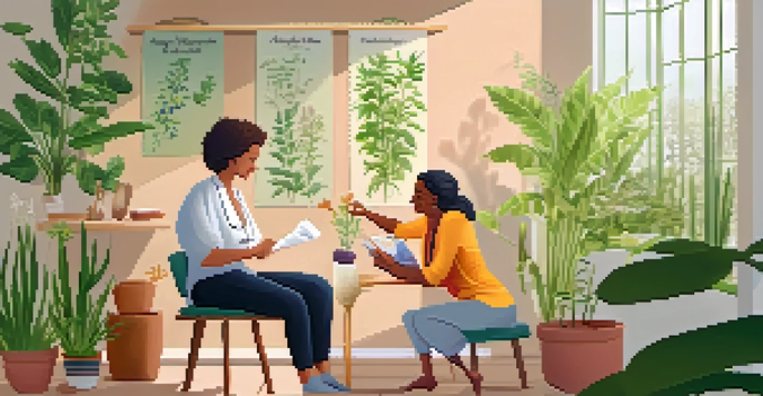 A cozy naturopathic consultation scene with a patient and a practitioner, highlighting a warm and inviting atmosphere filled with plants and herbal remedies.