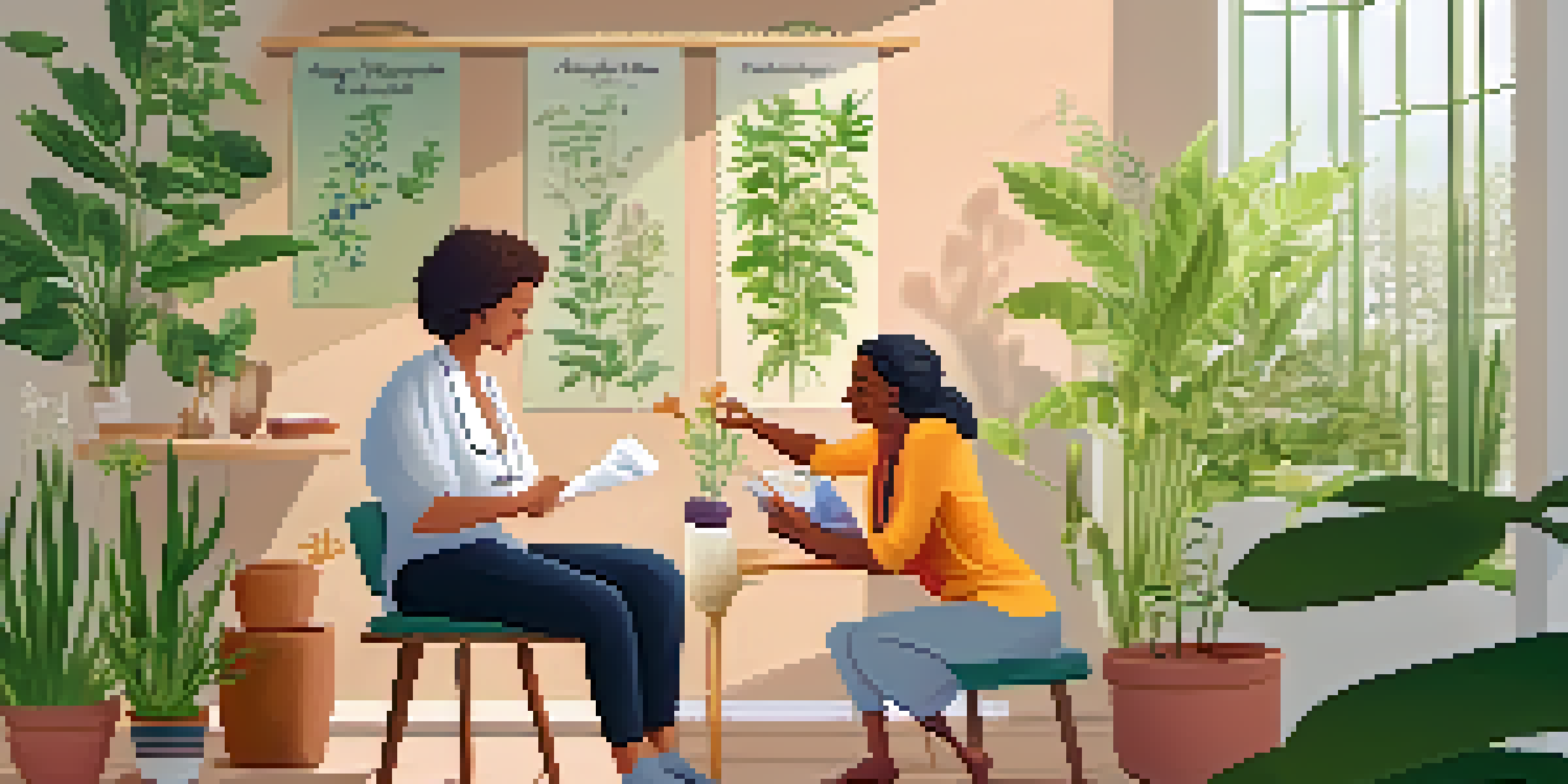 A cozy naturopathic consultation scene with a patient and a practitioner, highlighting a warm and inviting atmosphere filled with plants and herbal remedies.