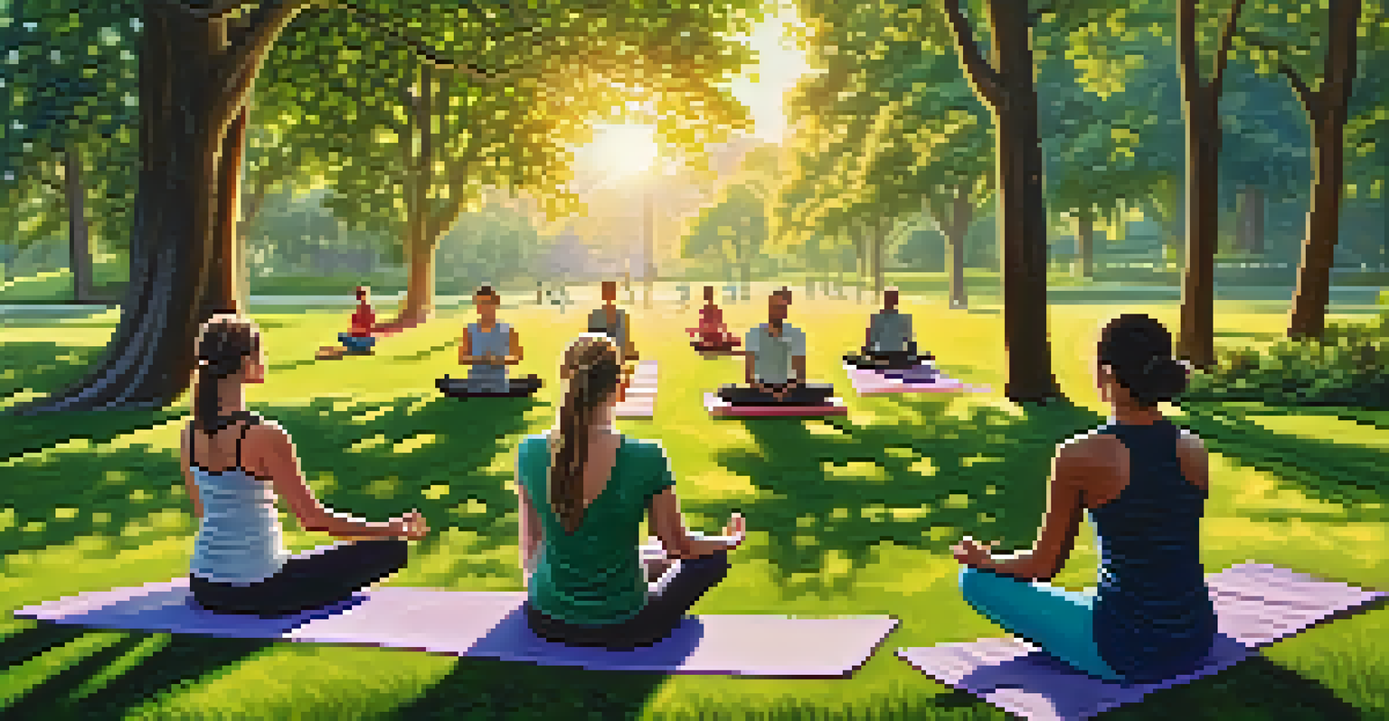 Individuals practicing mindfulness meditation in a peaceful park surrounded by greenery and a beautiful sunset.