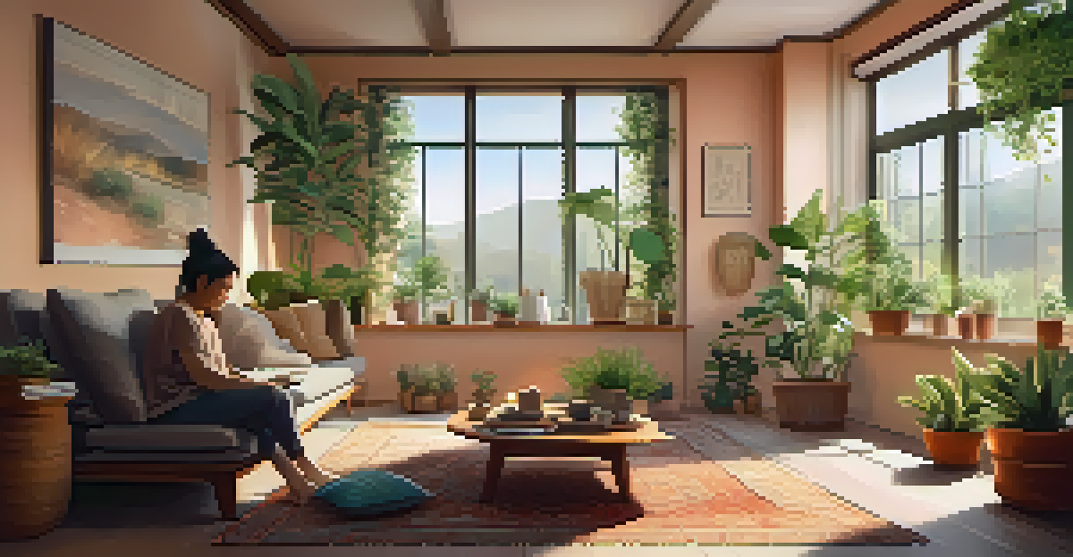 A person meditating in a cozy living room filled with plants and natural light, with a cup of herbal tea nearby.