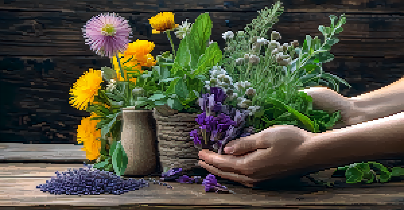 A close-up of herbs and flowers in a hand, highlighting their colors and textures against a blurred rustic background.