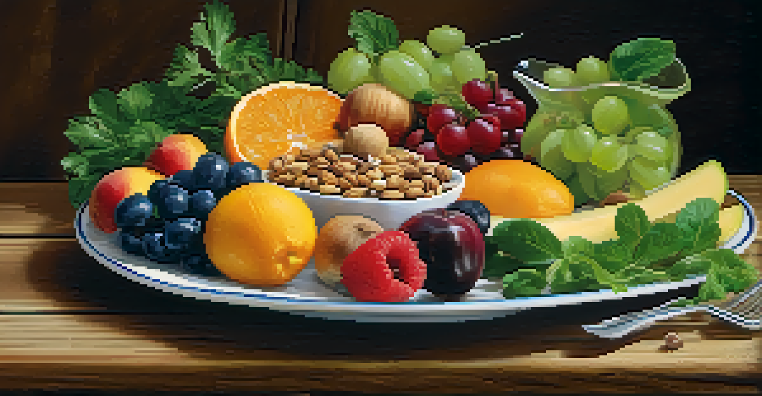 A close-up of a plate filled with healthy foods like fruits, vegetables, and nuts on a wooden table.