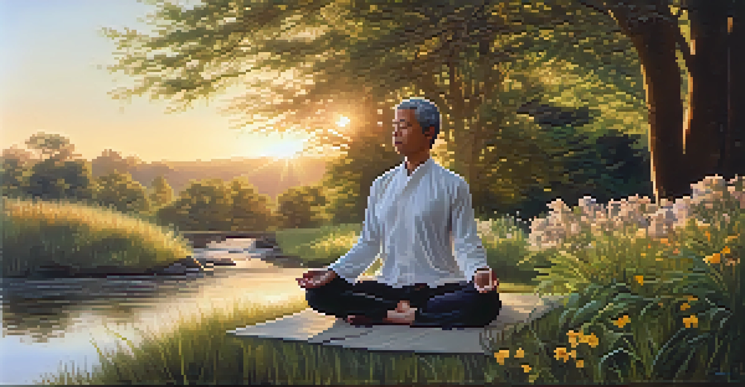 A person meditating outdoors in a natural setting, surrounded by trees and flowers, with a gentle stream and a sunset in the background.