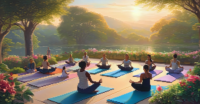 A group of people practicing yoga on colorful mats in a serene outdoor setting at sunrise, surrounded by greenery and flowers.