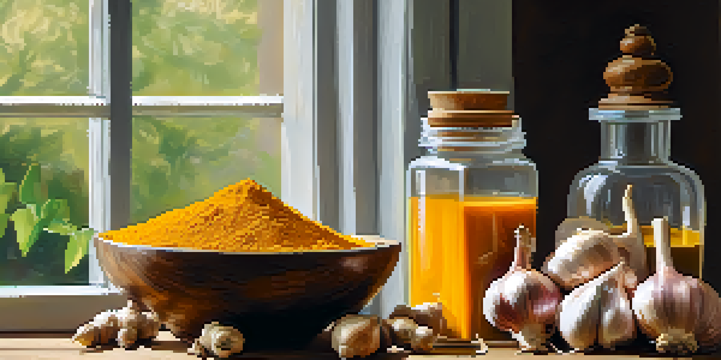 A still life of turmeric, ginger, and garlic on a wooden table, with soft sunlight highlighting the spices.