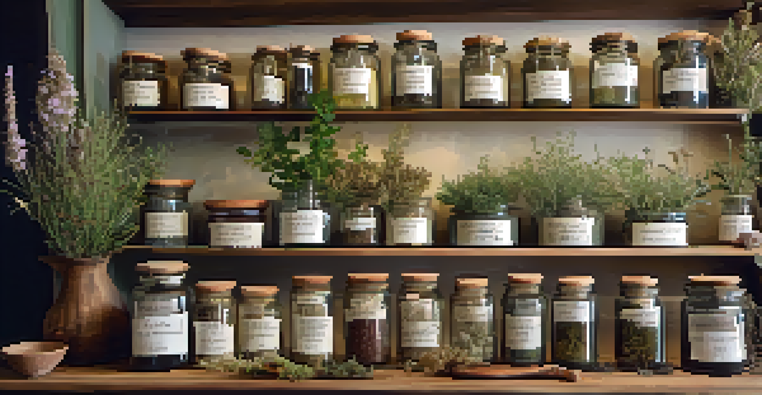 A shelf filled with glass jars of herbal remedies and dried herbs, set in a warm, softly lit herbalist's workspace.