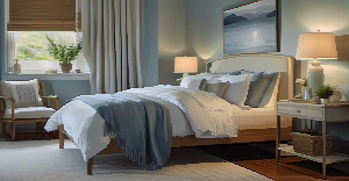 A peaceful bedroom with soft colors, warm lighting, and a neatly made bed, creating a calming atmosphere for sleep.