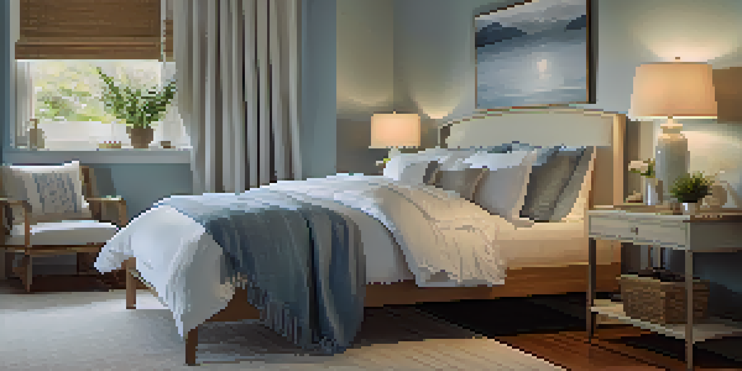 A peaceful bedroom with soft colors, warm lighting, and a neatly made bed, creating a calming atmosphere for sleep.