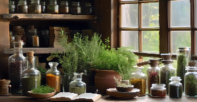 A peaceful herbal apothecary with jars of colorful herbs, a wooden table with a mortar and pestle, and warm light from a window.