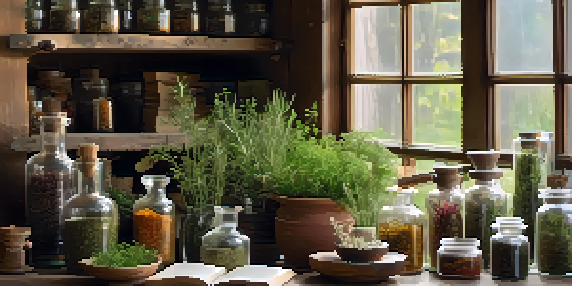 A peaceful herbal apothecary with jars of colorful herbs, a wooden table with a mortar and pestle, and warm light from a window.