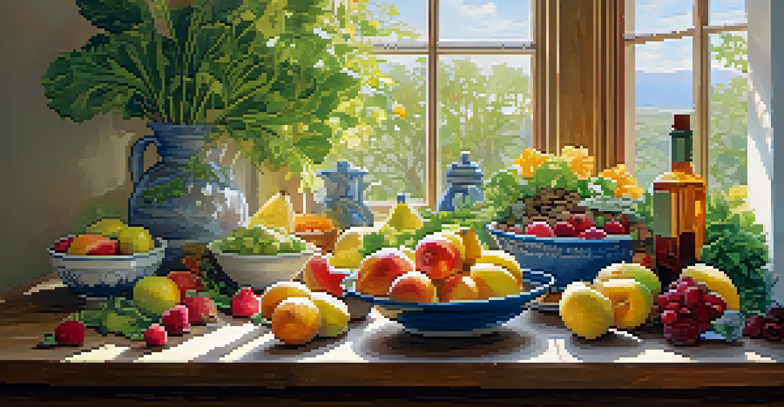 A rustic kitchen table with a healthy meal including fruits, greens, and nuts, illuminated by sunlight.