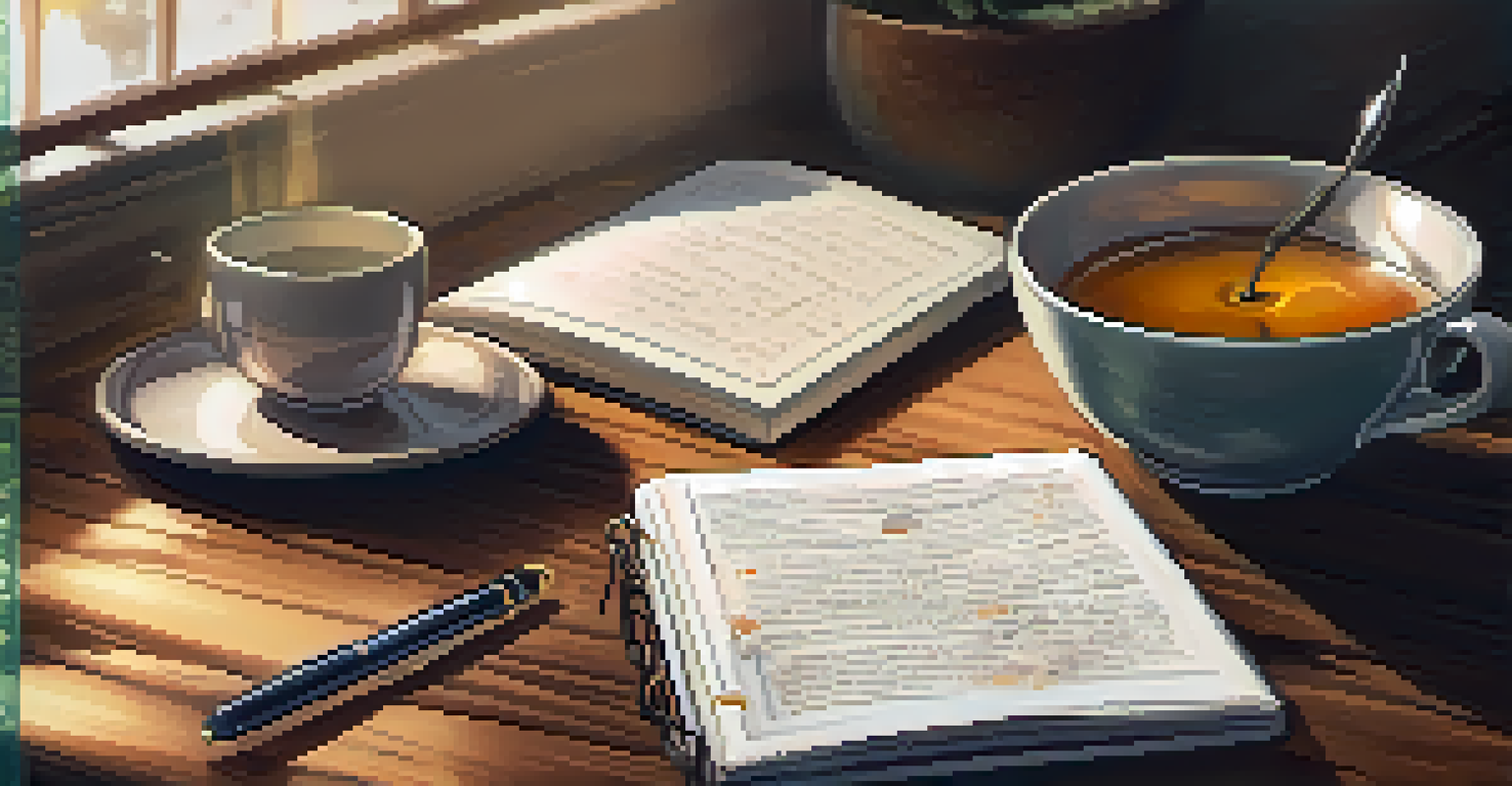 An open journal with handwritten notes on mindfulness and weight management, accompanied by a cup of herbal tea and a lit candle.