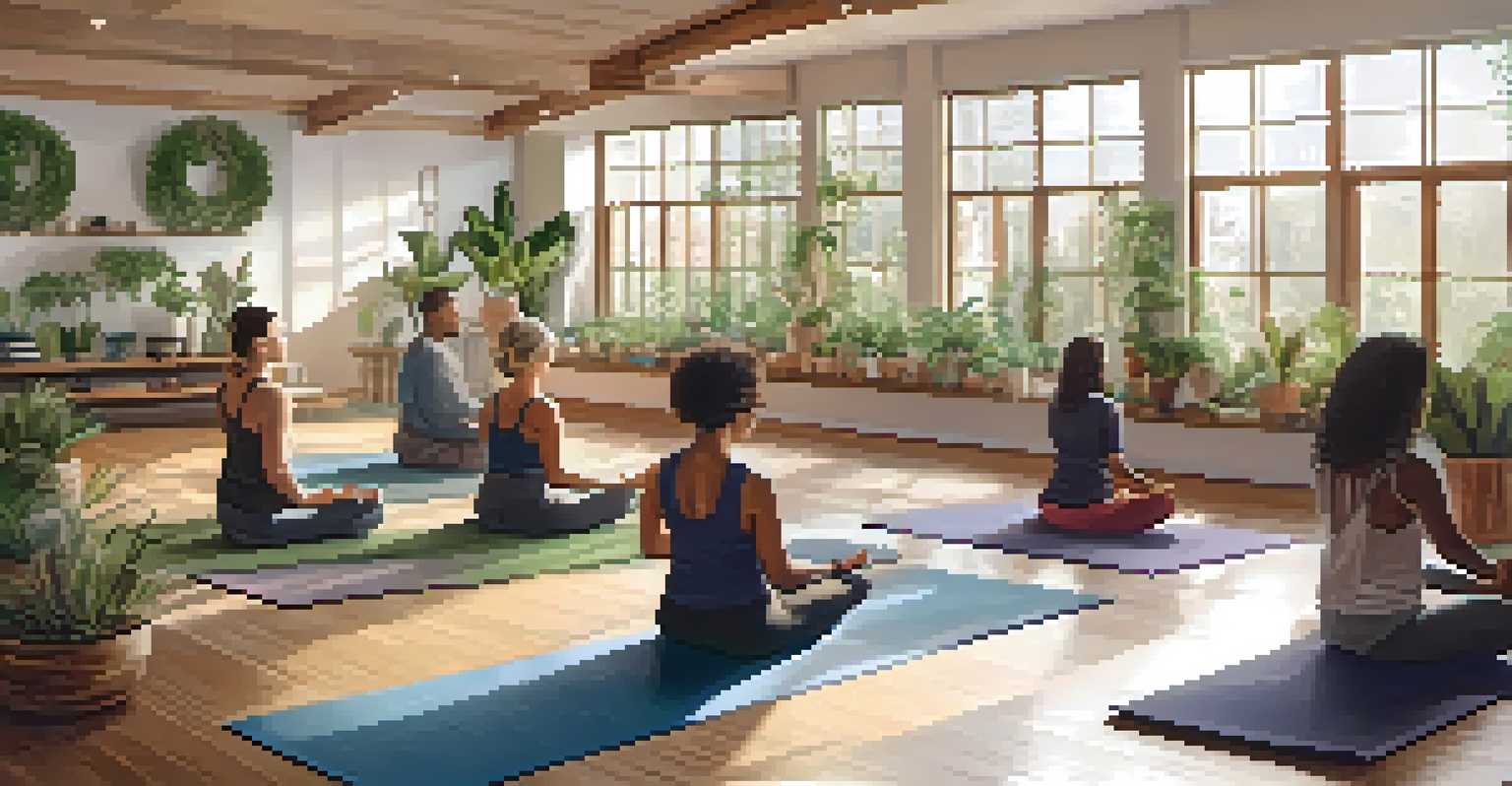 A group of people of different backgrounds practicing yoga in a warm, inviting studio filled with plants and natural light, representing community.