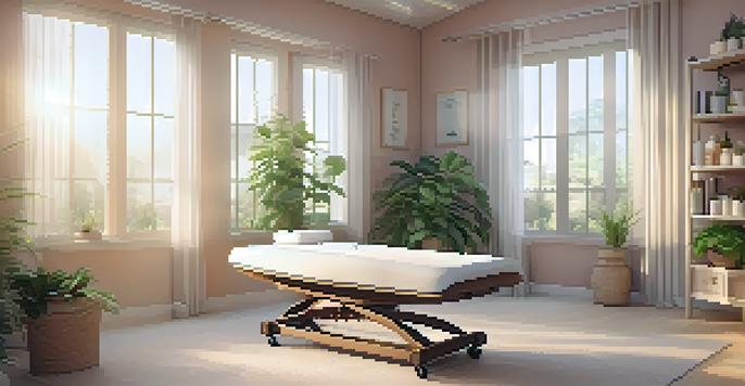 A soothing interior of a naturopathic clinic with soft lighting and calming decor, set up for energy healing.