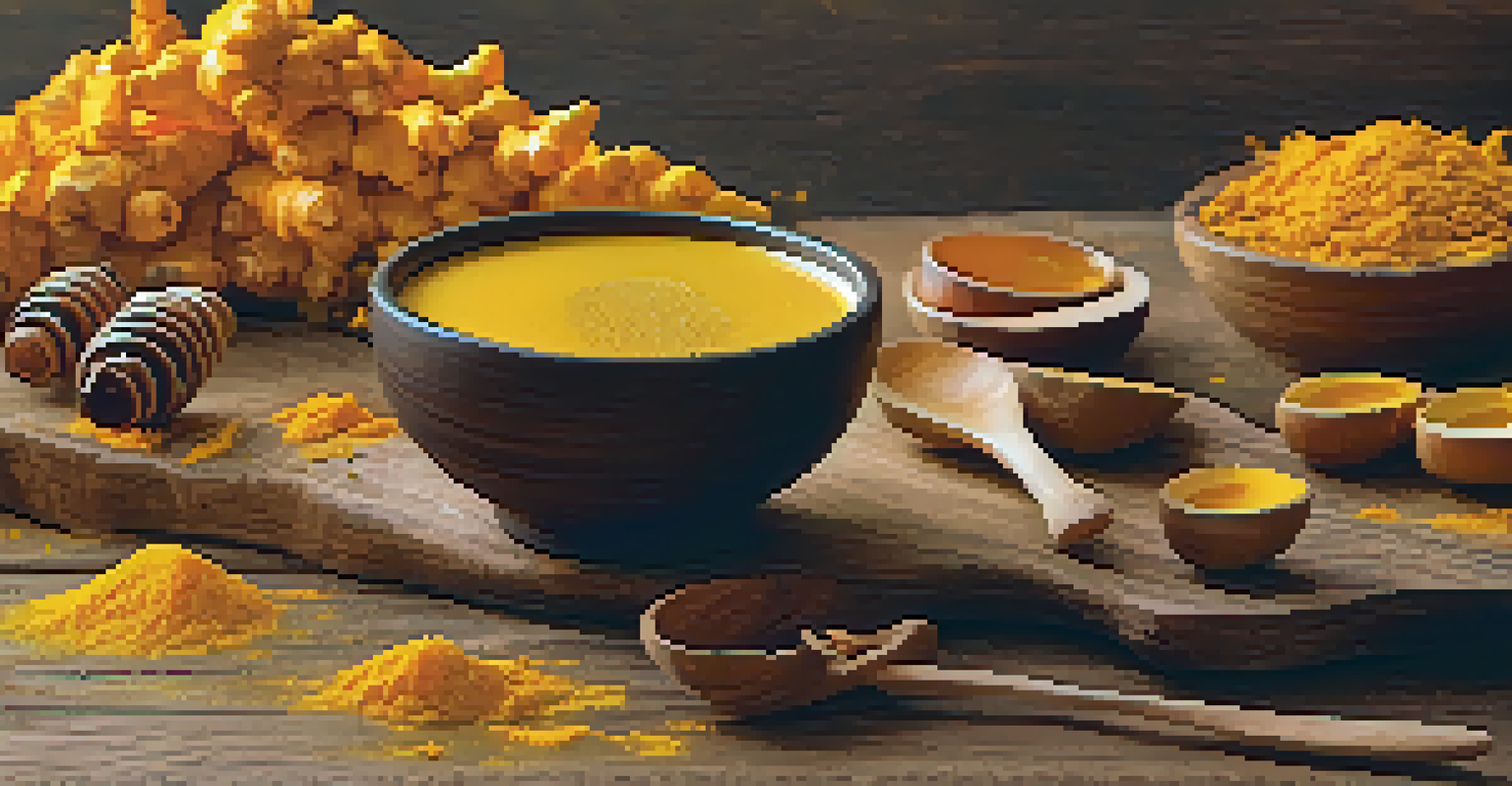 An elegant arrangement of turmeric and honey on a rustic wooden surface, with a bowl of golden milk, fresh turmeric roots, and honeycomb, illuminated by natural light.
