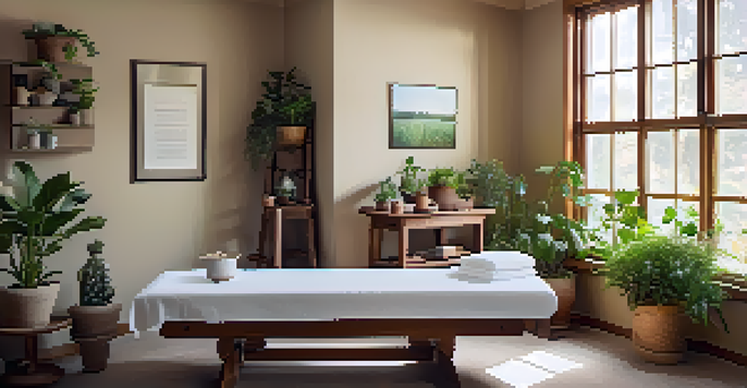 A naturopathic clinic room with a treatment table, plants, and a practitioner consulting with a patient.