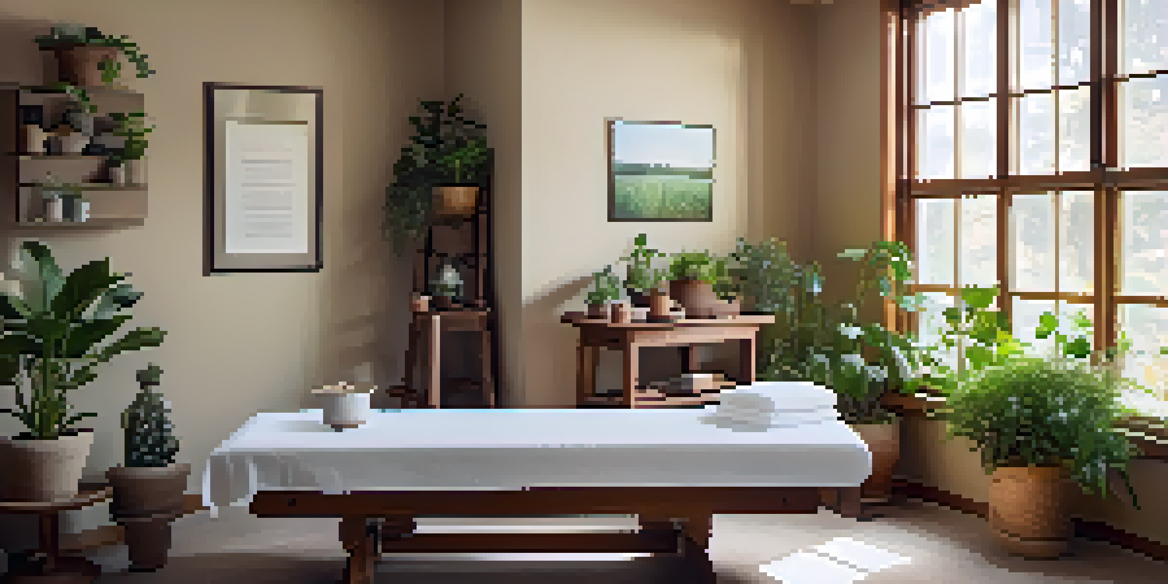 A naturopathic clinic room with a treatment table, plants, and a practitioner consulting with a patient.