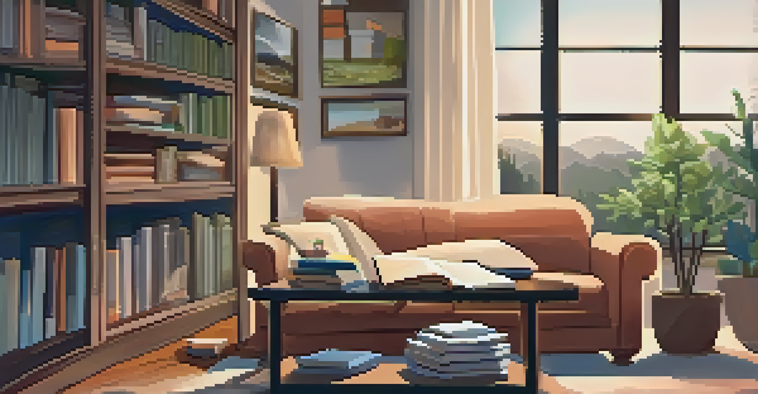 A warm and inviting living room with a person journaling on a sofa, surrounded by soft lighting and inspirational books, creating a cozy atmosphere.