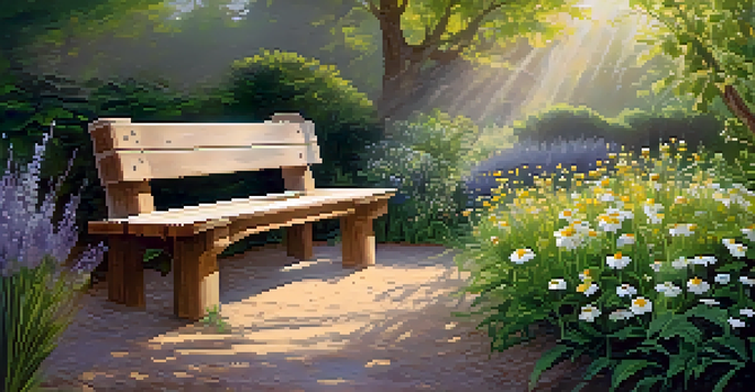 A tranquil herbal garden with various medicinal plants and a wooden bench under a blooming tree in soft morning light.