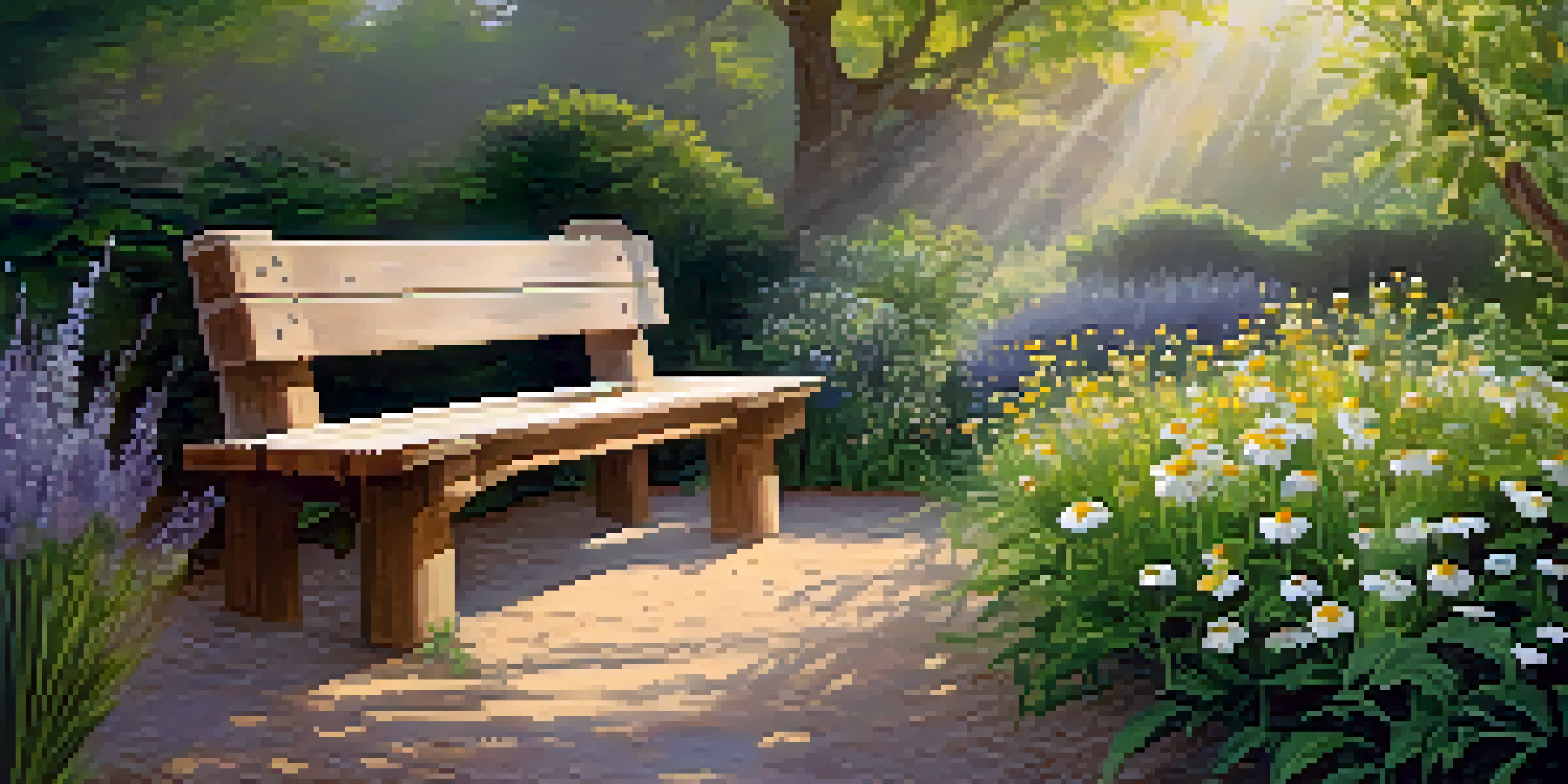 A tranquil herbal garden with various medicinal plants and a wooden bench under a blooming tree in soft morning light.