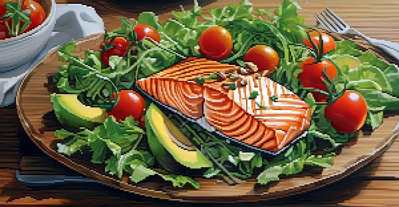 A healthy meal with a salad and grilled salmon on a wooden table, beautifully lit by natural light.