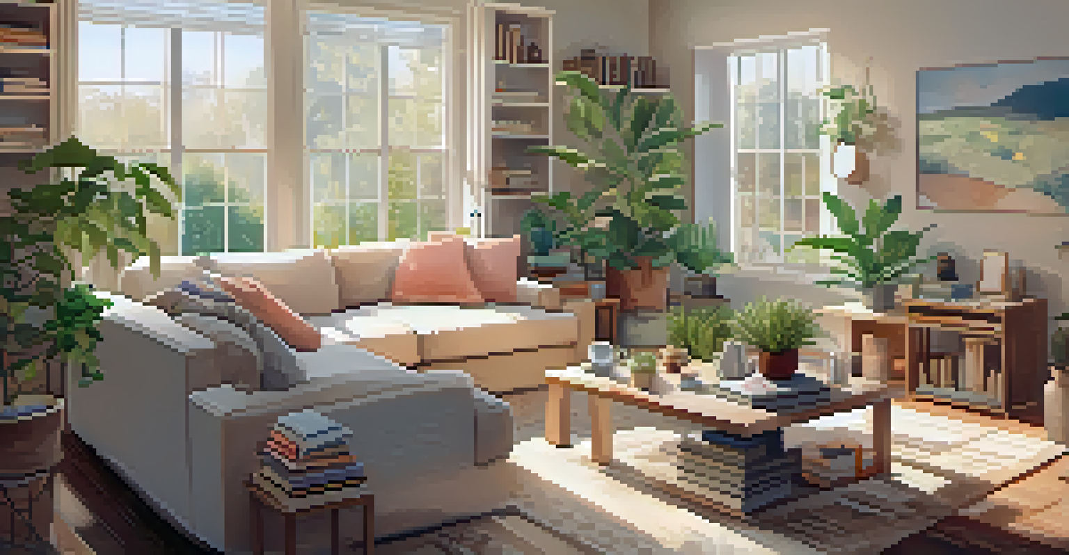 A family having a conversation in a bright, cozy living room with plants and warm lighting.