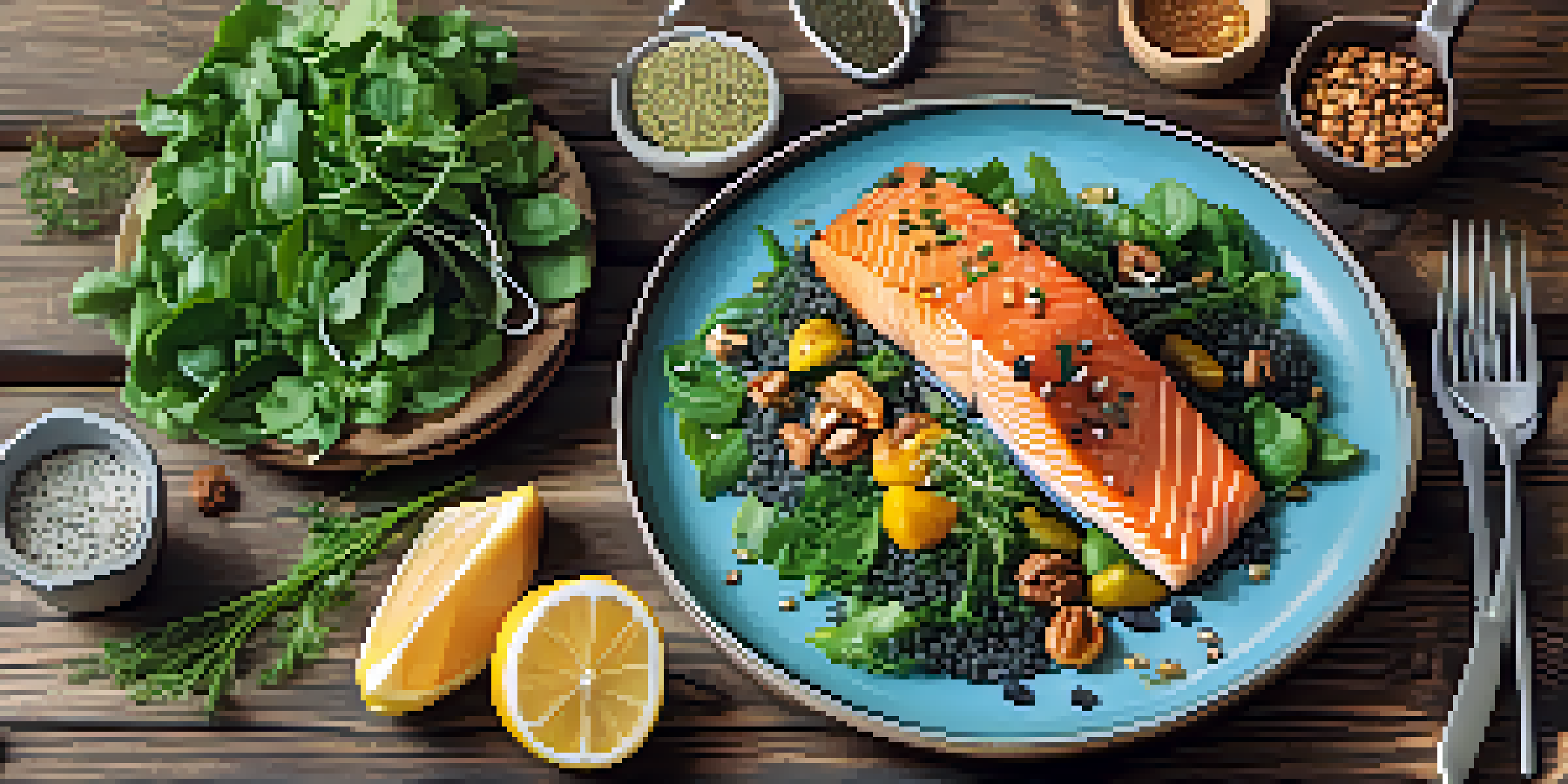 A colorful plate with grilled salmon, walnuts, chia seeds, and mixed greens arranged on a wooden table, illuminated by soft natural light.