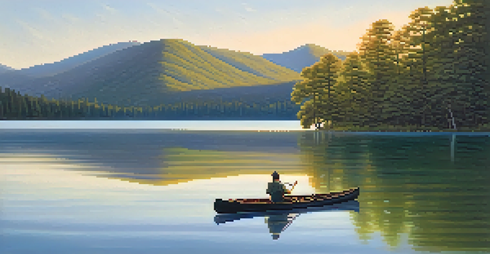 A peaceful dawn landscape with a calm lake, green trees, and mountains, illuminated by soft golden sunlight.