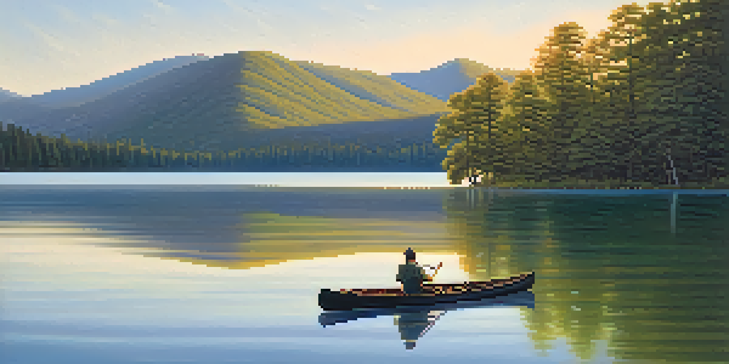 A peaceful dawn landscape with a calm lake, green trees, and mountains, illuminated by soft golden sunlight.