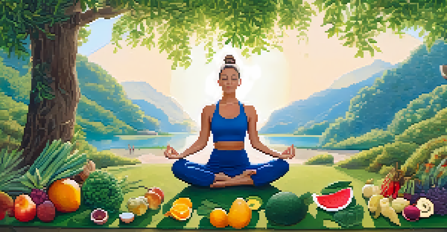 A person meditating outdoors surrounded by icons of gut health like fruits and probiotics.