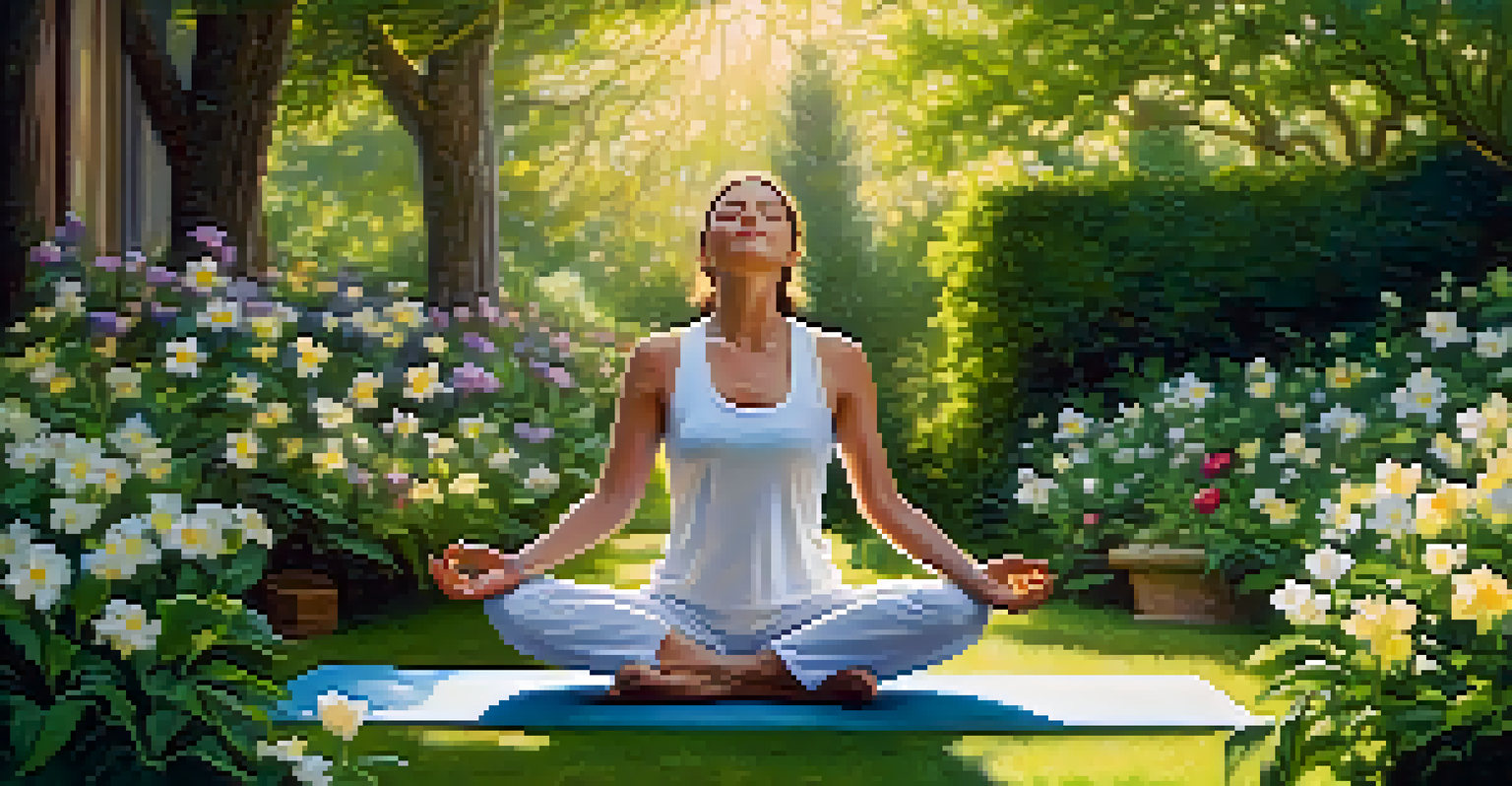 A serene outdoor setting with a person practicing yoga in a garden filled with blooming flowers and greenery, illuminated by soft sunlight filtering through the trees.