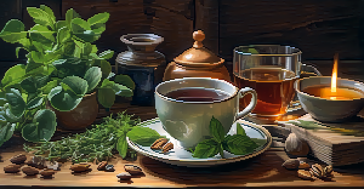 A steaming cup of herbal tea surrounded by loose tea leaves and fresh herbs on a rustic wooden table, creating a cozy atmosphere.