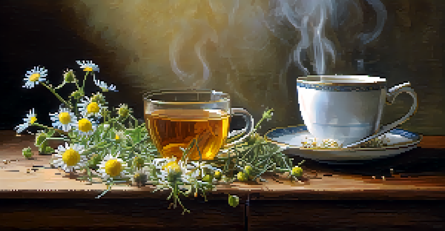 A close-up of chamomile tea with dried herbs on a wooden table, showcasing a calming herbal setup for better sleep.
