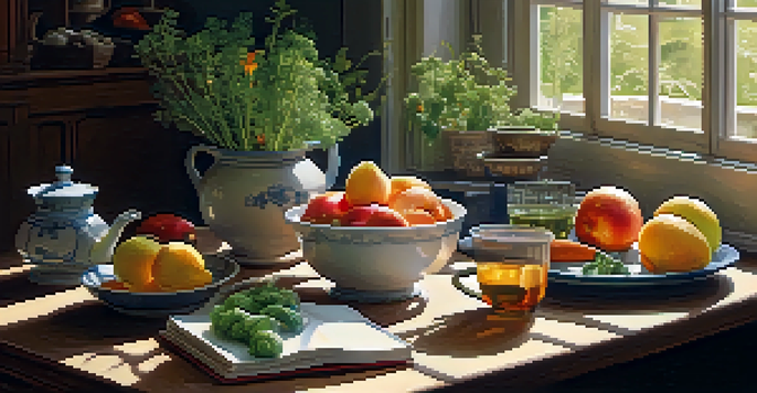 A cozy kitchen setting with fresh fruits, vegetables, and a cup of chamomile tea, illuminated by sunlight.