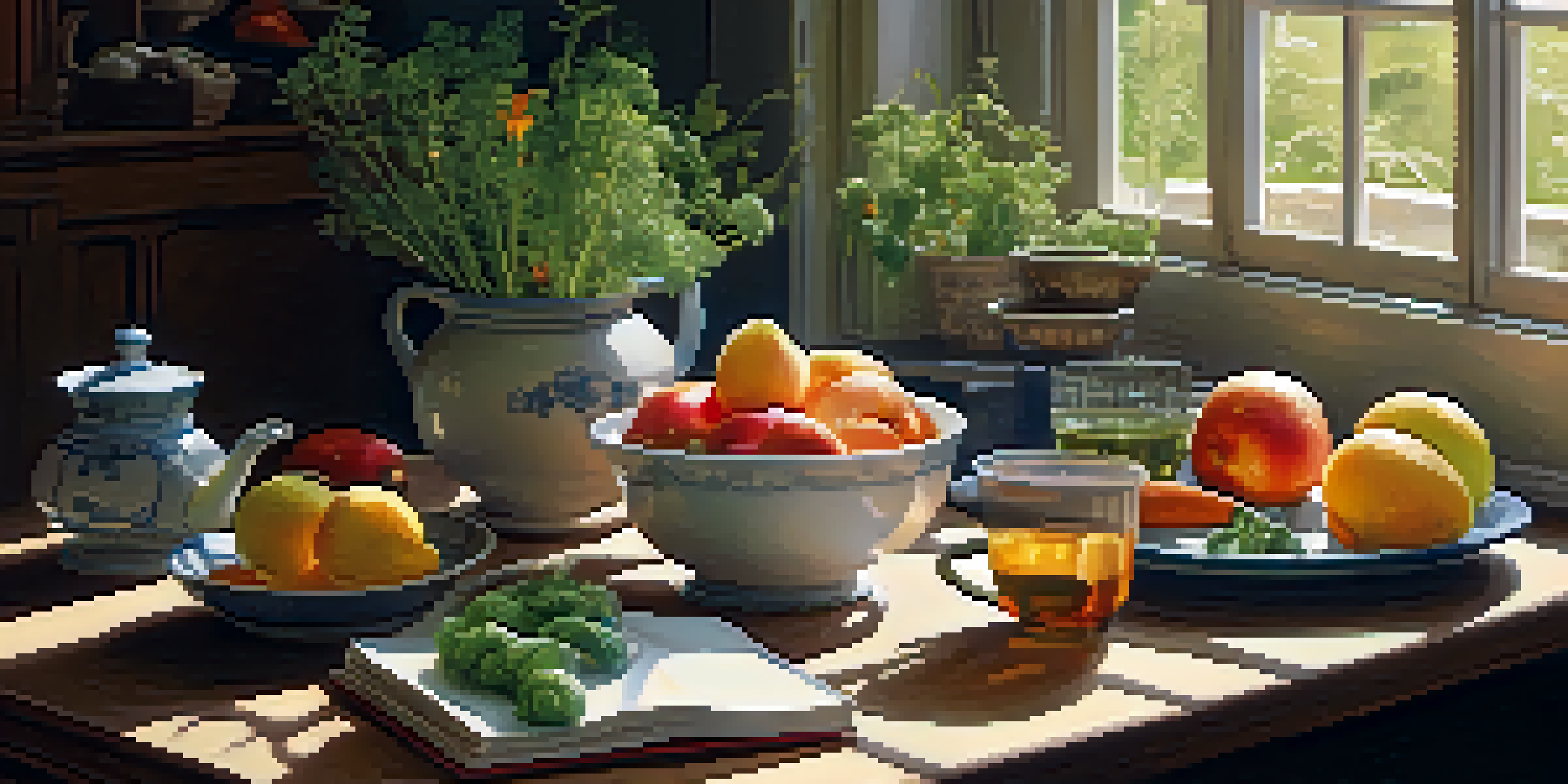 A cozy kitchen setting with fresh fruits, vegetables, and a cup of chamomile tea, illuminated by sunlight.