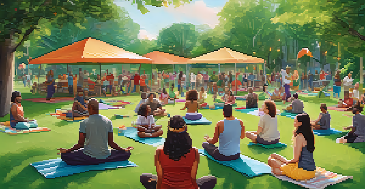 A diverse group of people enjoying a community gathering in a park, engaging in yoga, discussions, and games amidst greenery.