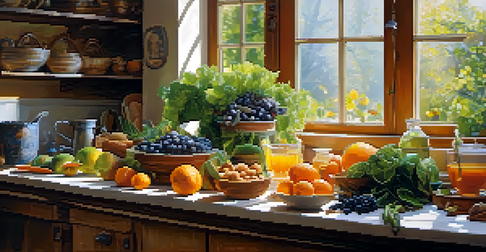 A bright kitchen with a wooden table displaying fresh fruits and vegetables, a cup of herbal tea, and nuts, illuminated by soft morning light.