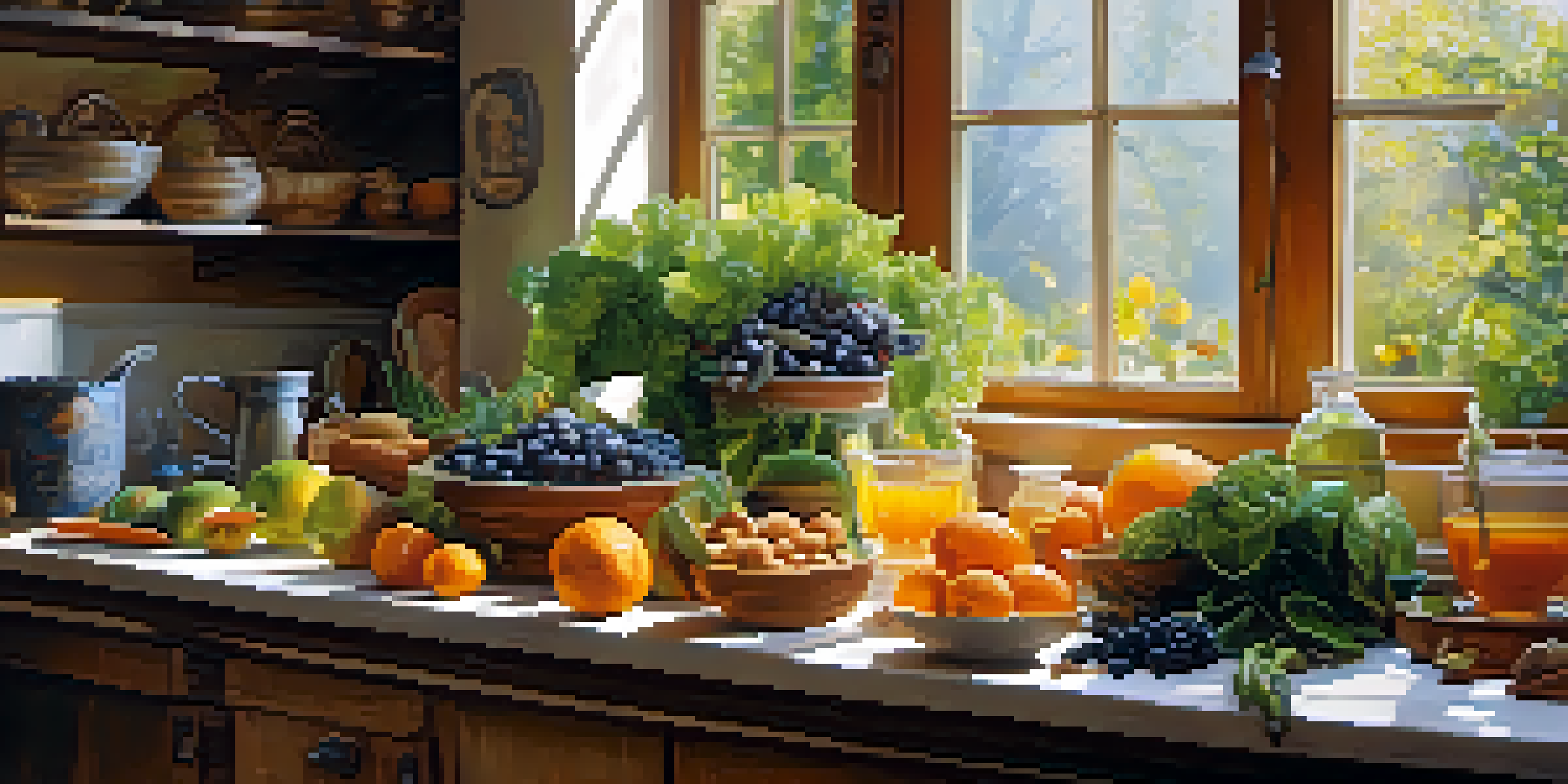 A bright kitchen with a wooden table displaying fresh fruits and vegetables, a cup of herbal tea, and nuts, illuminated by soft morning light.