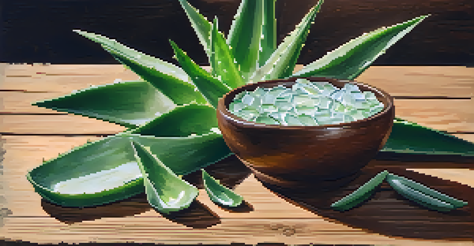 A flat lay arrangement of fresh aloe vera leaves and aloe vera gel on a wooden table with flower petals.