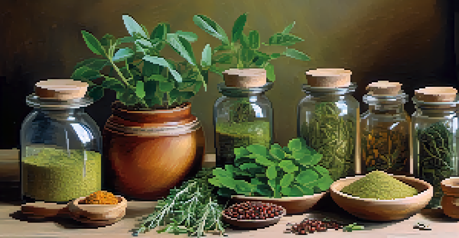 A close-up of a wooden table with jars of herbal remedies like ashwagandha and fenugreek, illuminated by natural light, showcasing the vibrant colors and textures.