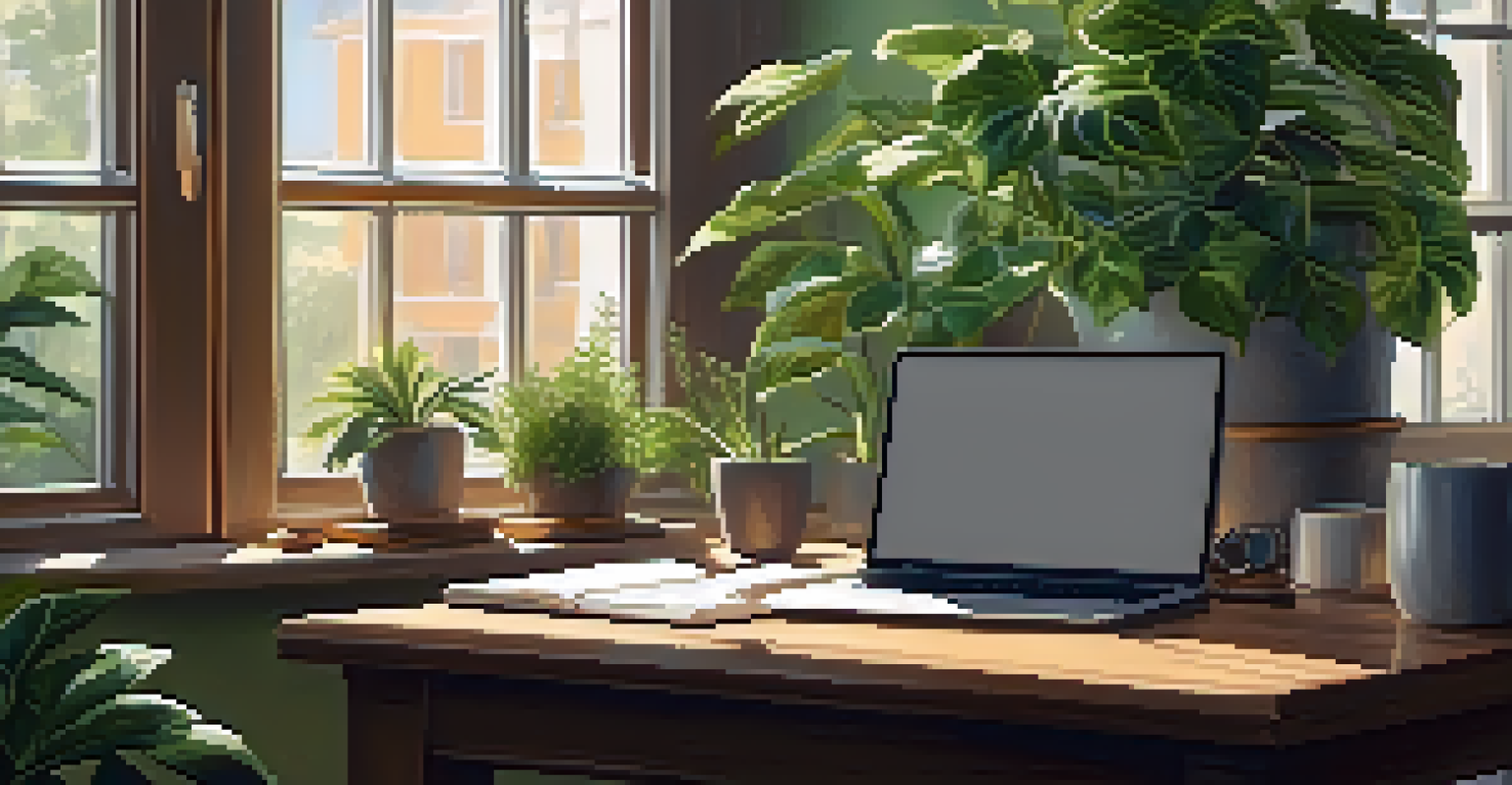 A cozy workspace with a laptop, tea, and plants, illuminated by sunlight.