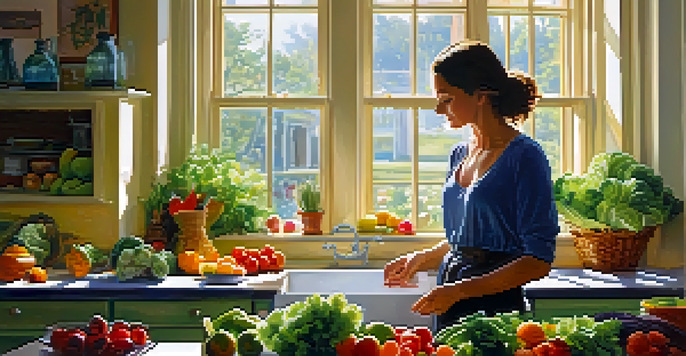 A bright kitchen with a woman making a salad, surrounded by fresh fruits and vegetables.