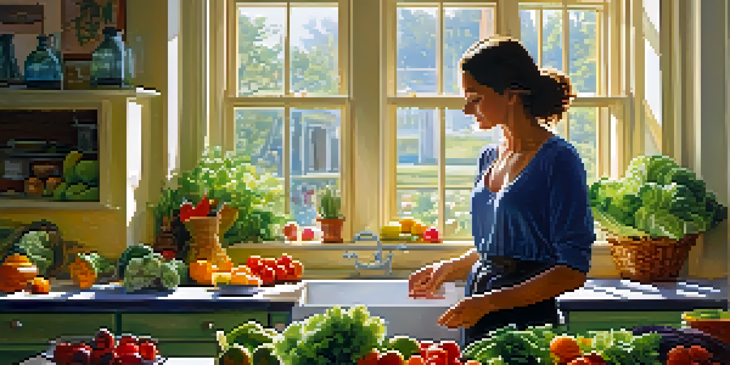 A bright kitchen with a woman making a salad, surrounded by fresh fruits and vegetables.