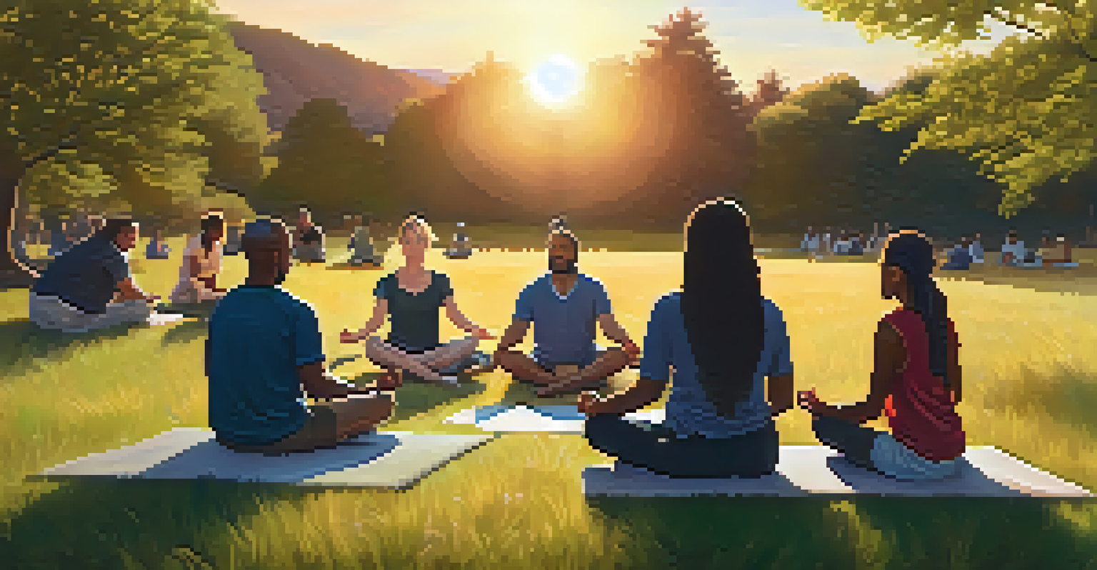 A group of people meditating in a circle on a grassy field at sunset, surrounded by nature, promoting a sense of community and peace.