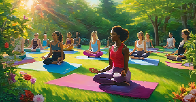 A diverse group of people practicing yoga outdoors at sunrise, surrounded by greenery and flowers, with soft golden light filtering through the trees.