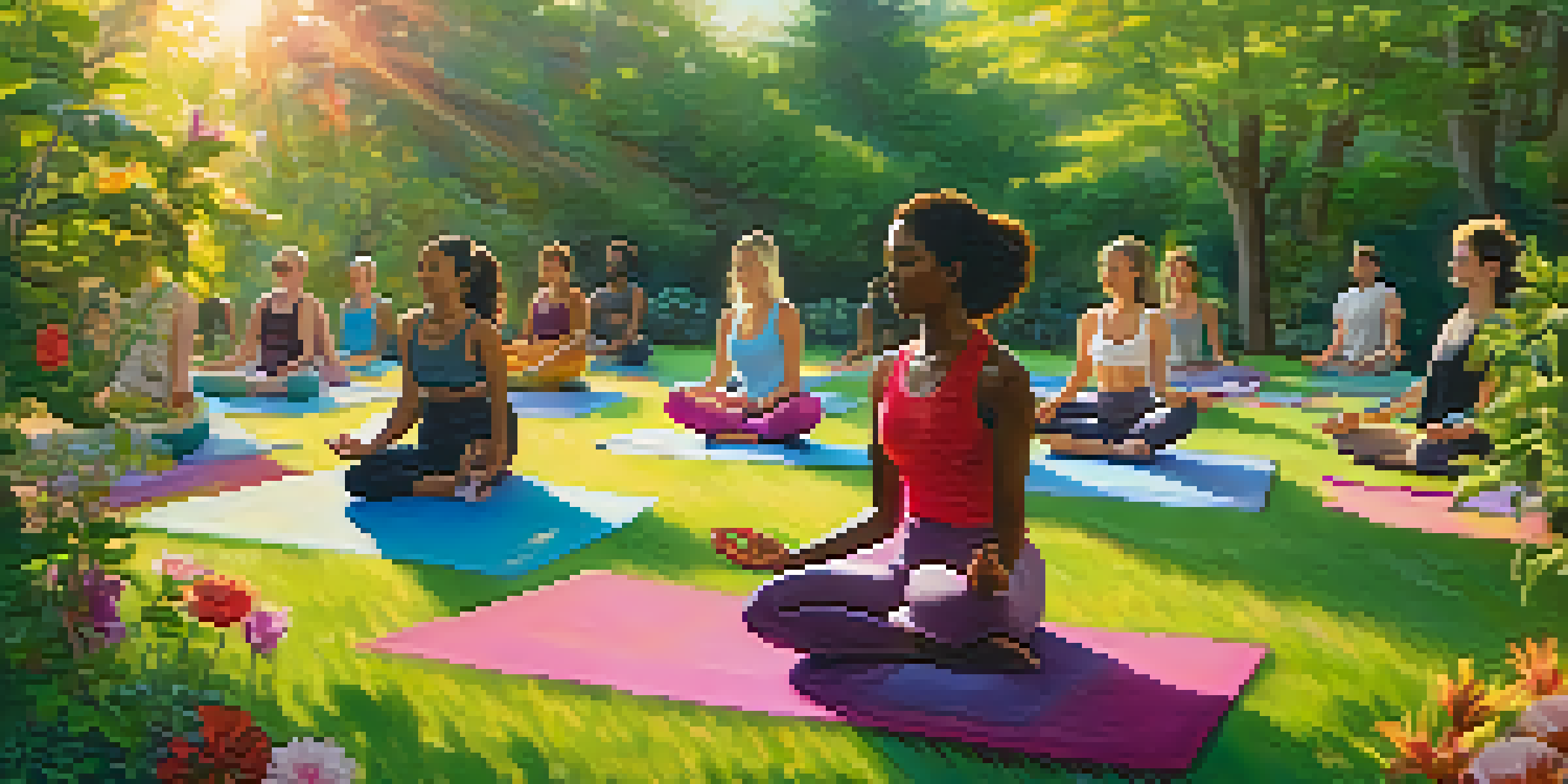 A diverse group of people practicing yoga outdoors at sunrise, surrounded by greenery and flowers, with soft golden light filtering through the trees.