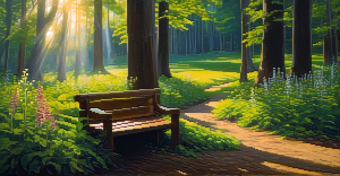 A peaceful forest with sunlight filtering through the trees, highlighting a wooden bench surrounded by wildflowers.